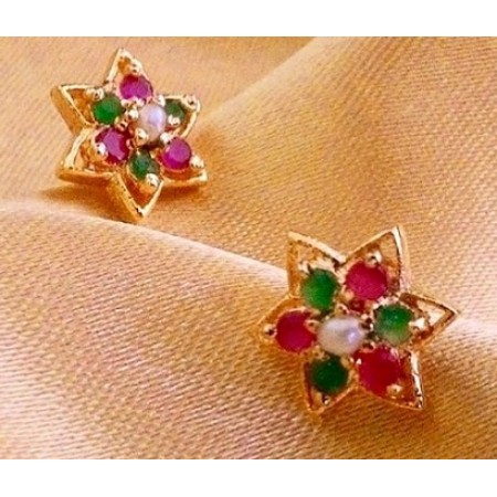 Ruby Emerald Flower Stud Earrings with a Pearl Bud